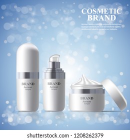 Luxury realistic cosmetic ads template with black moisturizing lotion spray plastic bottle and cream jar on shining background.  Vector 3d illustration for design, presentation, banners.