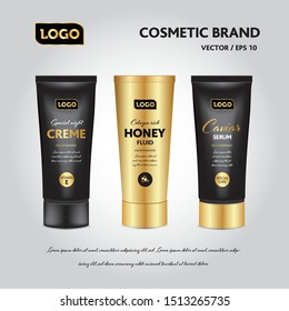 Luxury realistic cosmetic package template. Gold and black tube. Vector 3d illustration for design, presentation, banners, and ads.