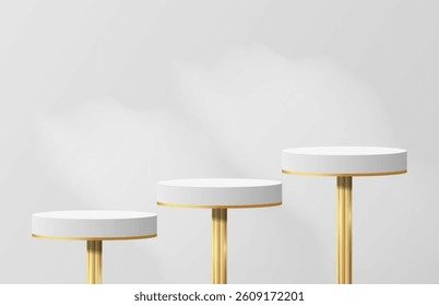 Luxury realistic gold stand with white 3d cylinder podium. Minimal wall scene for mockup. Pedestal Stage for cosmetic product display presentation. Vector geometric platform. 3d vector rendering.