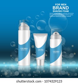 Luxury realistic shaving gel foam bottles and cream tube in white color on shining blue background. Vector 3D illustration for design, presentation, banners.