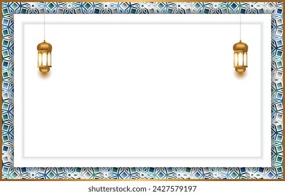 luxury rectangle colorful border eid mubarak ramadan kareem lantern islamic background banner ornament. Translation: "Muslim fasting month and celebration day after fasting"