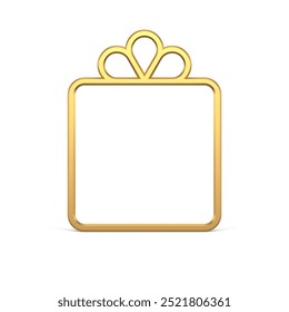 Luxury rectangle gift box frame with bow golden decorative design for Christmas tree 3d template vector illustration. Expensive Xmas surprise bauble realistic jewelry present cardboard package border