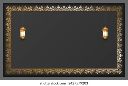 luxury rectangle golden border eid mubarak ramadan kareem lantern islamic background banner ornament. Translation: "Muslim fasting month and celebration day after fasting"