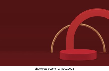 Luxury red 3d cylinder podium mock up for premium product show realistic vector illustration. Trendy elegant pedestal with geometric shapes golden arch wall background fashion showroom interior