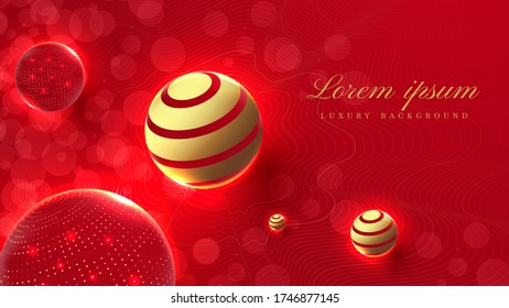 luxury red background ball 3d with bokeh and line golden. vector illustration for design.