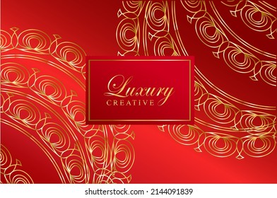 Luxury red background with circular golden ornaments. Elegant gold line design with frame for logo: events, christmas card, invitation.