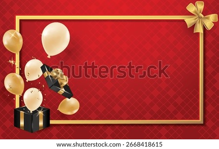 Luxury red background with gold balloons, gift box and golden frame