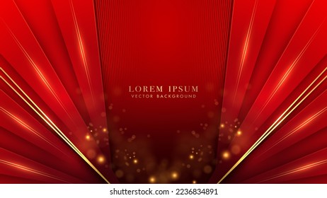 Luxury red background with gold line, red line stripe, shiny dots effect and bokeh decoration. Elegant style design concept. Vector illustration

