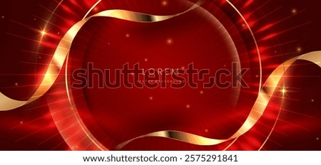 Luxury red background with gold ribbon and lighting effect. Celebration grand opening party happy concept. Vector illustration