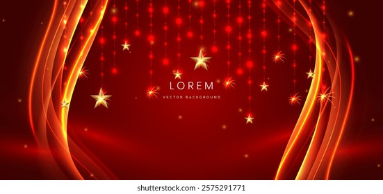 Luxury red background with gold star and lighting effect. Celebration grand opening party happy concept. Vector illustration