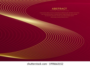 Luxury red background with golden abstract wave lines. Minimal graphic composition with stripes lines. Simple and elegant wave line design. Suit for cover, poster, banner, website. Vector illustration