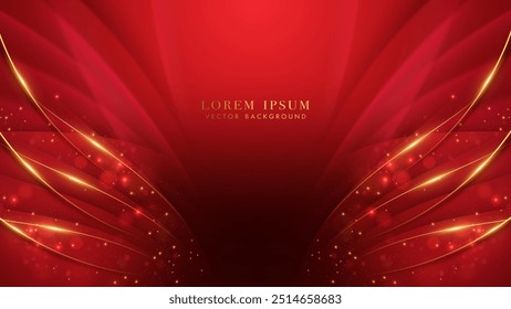 Luxury red background with golden curved lines, bokeh, and glittering light effects. Vector illustration