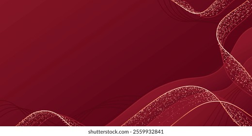 Luxury red background with golden glitter waves - elegant maroon backdrop decorated by shimmering curved lines and sparkles. Premium award ceremony design for exclusive presentation banners.