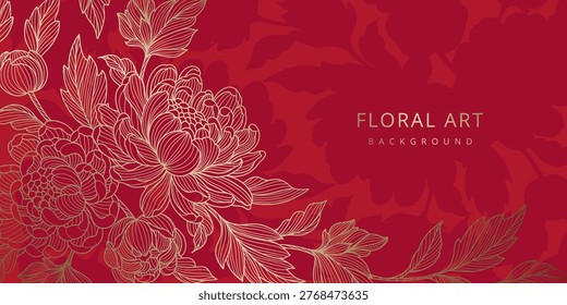Luxury red background with golden lines of peony flowers and leaves. Floral pattern. Vector template for wedding invitations, greeting cards, branding, design, wallpaper