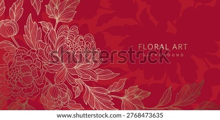 Luxury red background with golden lines of peony flowers and leaves. Floral pattern. Vector template for wedding invitations, greeting cards, branding, design, wallpaper