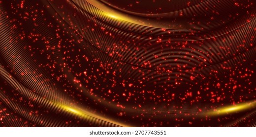 Fondo rojo de lujo con líneas de onda dorada y brillo de efecto de iluminación elegante. Premio concepto de diseño de lujo. Ilustración vectorial