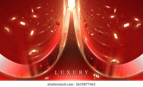Fundo vermelho de luxo com efeitos de luz cintilante e bokeh com curvas douradas. Este conceito de design de fundo grande abertura elegante é perfeito para promoções de produtos e cerimônias de premiação.