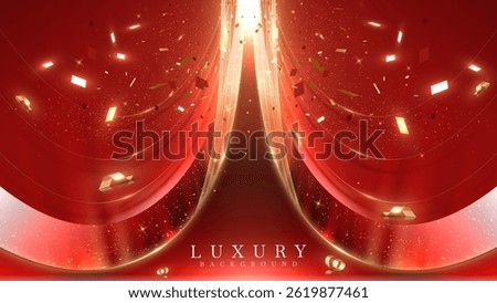Luxury red background with sparkling light effects and bokeh with golden curves. This elegant grand opening backdrop design concept is perfect for product promotions and award ceremonies.