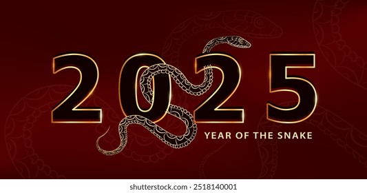 Luxury red banner celebrating the 2025 Year of the Snake in the Chinese Zodiac. Golden intricately patterned snake weaves through bold shiny 2025 numbers. Greeting card in asian style