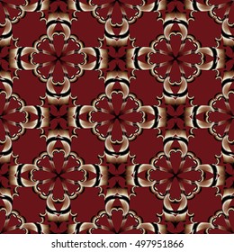Luxury red baroque damask floral vector seamless pattern background wallpaper illustration with 3d gold antique flowers,leaves and ornaments.Decor elements with shadows  and highlights.Endless texture