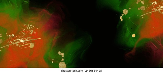 Luxury red, black, green gold abstract background of marble liquid ink art painting on paper. Original artwork watercolor alcohol ink paint. Vector illustration.