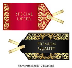 Luxury red and black price tag with golden vintage pattern