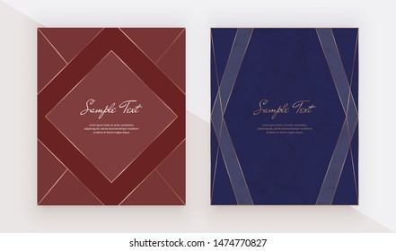 Luxury red and blue design cards with golden polygonal lines frames. Trendy templates for banner, flyer, poster, greeting.
