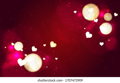 Luxury Red bokeh background. Gold heart. Red glitter. Abstract background bokeh blurred. Red Shiny bokeh. Valentine wallpaper. Vector illustration.