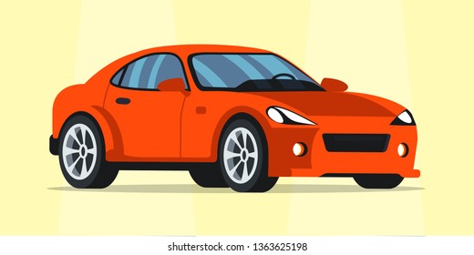 Luxury red car flat illustration. New shiny vehicle in showroom vector clipart. Sports car for sale isolated design element. Dealership service industry. Cartoon automobile side view