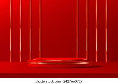 Luxury red Chinese podium stage with golden line decoration. 3d vector lavish round platform, adorned in rich scarlet hues, elevated by opulent gold decor, epitomizing grandeur and cultural elegance