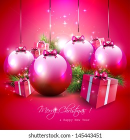 Luxury red Christmas background with baubles and gifts