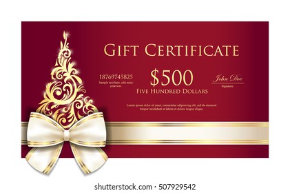 Luxury Red Christmas Gift Certificate With Cream Ribbon And Gold Ornament Christmas Tree