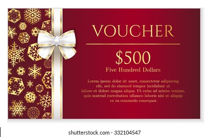 Luxury red Christmas voucher with golden snowflakes and white ribbon