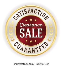 Luxury red clearance sale button / badge with gold border on white background