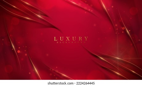 Luxury red color background with golden line elements and curve light effect decoration and bokeh.