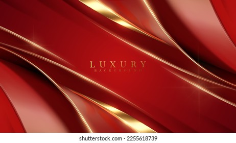 Luxury red color background with golden line elements and curve light effect decoration.