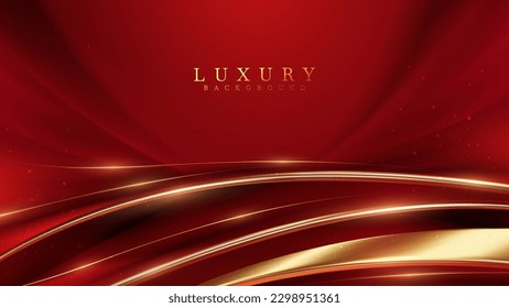 Luxury red color background with golden line elements and curve light effect decoration and bokeh.