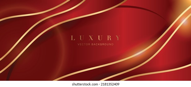 Luxury red color background vector. Elegant wallpaper in 3d style with gold wave line, golden light effect. Dark modern backdrop illustration perfect for branding, packaging, business, advertising.