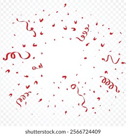 Luxury red color ribbon and confetti explosion on a transparent background. Red color confetti and ribbon vector. Confetti and Party tinsel for birthday party, anniversary, and decoration.