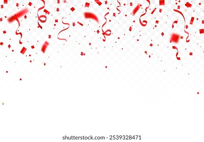 Luxury red confetti and carnival ribbons with red color glitter. Shiny carnival decoration background