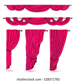 Luxury red curtains. A collection of design ideas. Vector illustration EPS 10. Isolated on white background. Freehand drawing.