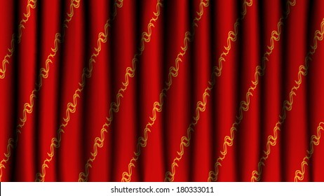 luxury red drapes curtain with gold stripe band european pattern (vector)