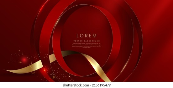 Luxury red elegant background with gold ribbon and red circle shape overlapping 3d golden with copy space for text. Vector illustration 