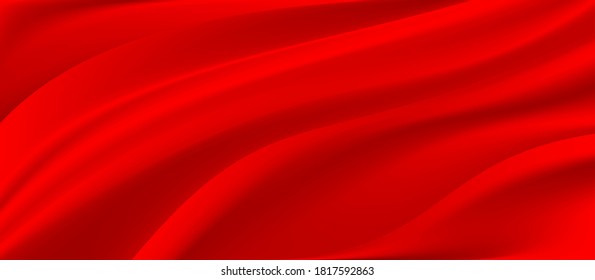 El lujo del fondo de textura de tela roja.Cierre de tela de seda roja rizada.Traje abstracto o fondo vectorial de onda líquida.Onda suave de tela. Asas de satén, seda y algodón.