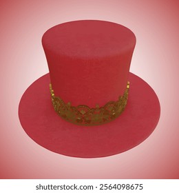 Luxury Red Fedora Hat with Gold Floral Pattern - Realistic 3D Render Vector Illustration