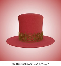 Luxury Red Fedora Hat with Gold Floral Pattern - Realistic 3D Render Vector Illustration