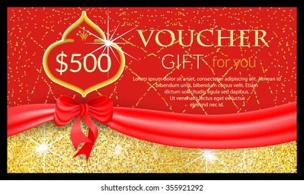 Luxury red festive gift voucher with textured sparkling background tied with a ribbon with a bow. Vector illustration.