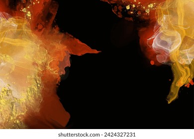 Luxury red, fire, black, gold abstract background of marble liquid ink art painting on paper. Original artwork watercolor alcohol ink paint. Vector illustration.
