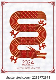 Luxury Red Gold abstract geometric chinese dragon. Modern shape design. Zodiac sign. Sacred animal. Bauhaus tile motif. Line flat vector illustration. Template for greeting card, banner, poster.