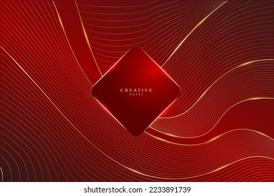 Luxury red and gold background. Abstract geometric pattern with bright wavy lines, elegant gold ribbons and logo frame